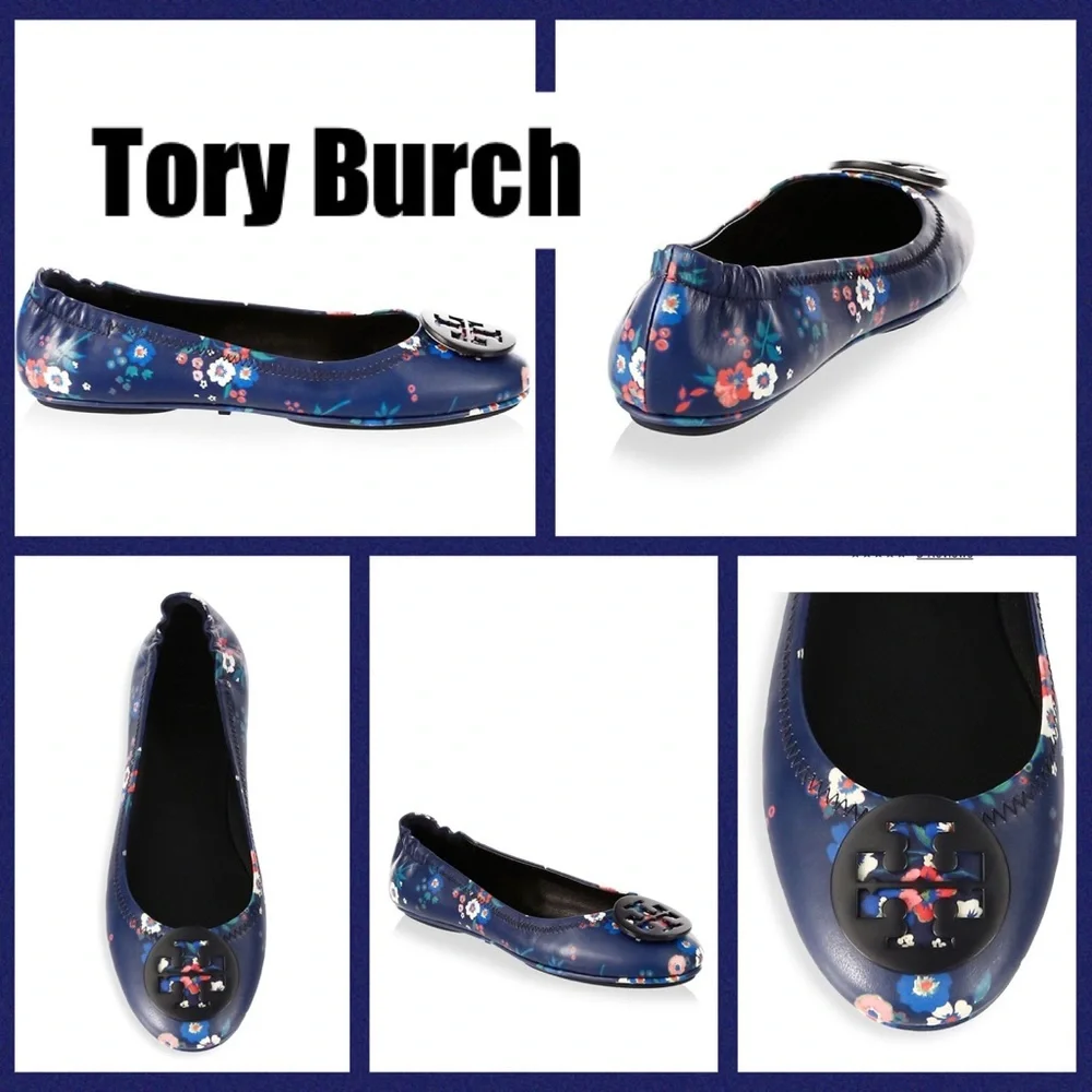 Tory Burch Minnie Blue Travel Ballet Pansy Bouquet Flats size 9 - Picture 10 of 10